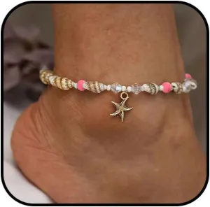 Beach Puka Shell Anklet for Women Waterproof Beaded Ankle Bracelets Adjustable Starfish Seashell Pearl Foot Chain Boho Jewerly Present for Summer Beach Party (Pink)
