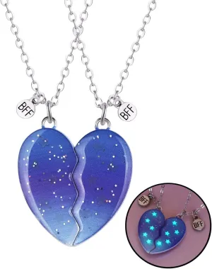 Best Friends Necklaces for 3, Luminous Star Breakaway Heart Glow In the Dark Friendship BFF Jewelry