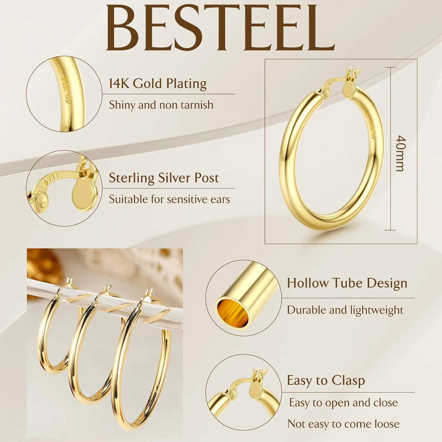 BESTEEL 14K Chunky Gold Hoop Earrings for Women With 925 Sterling Silver Post Hollow Tube Hoops Earrings 4mm Thick Gold Hoop Earrings Hypoallergenic Lightweight Gold Large Hoop Earrings 25/30/40/50/60/70MM