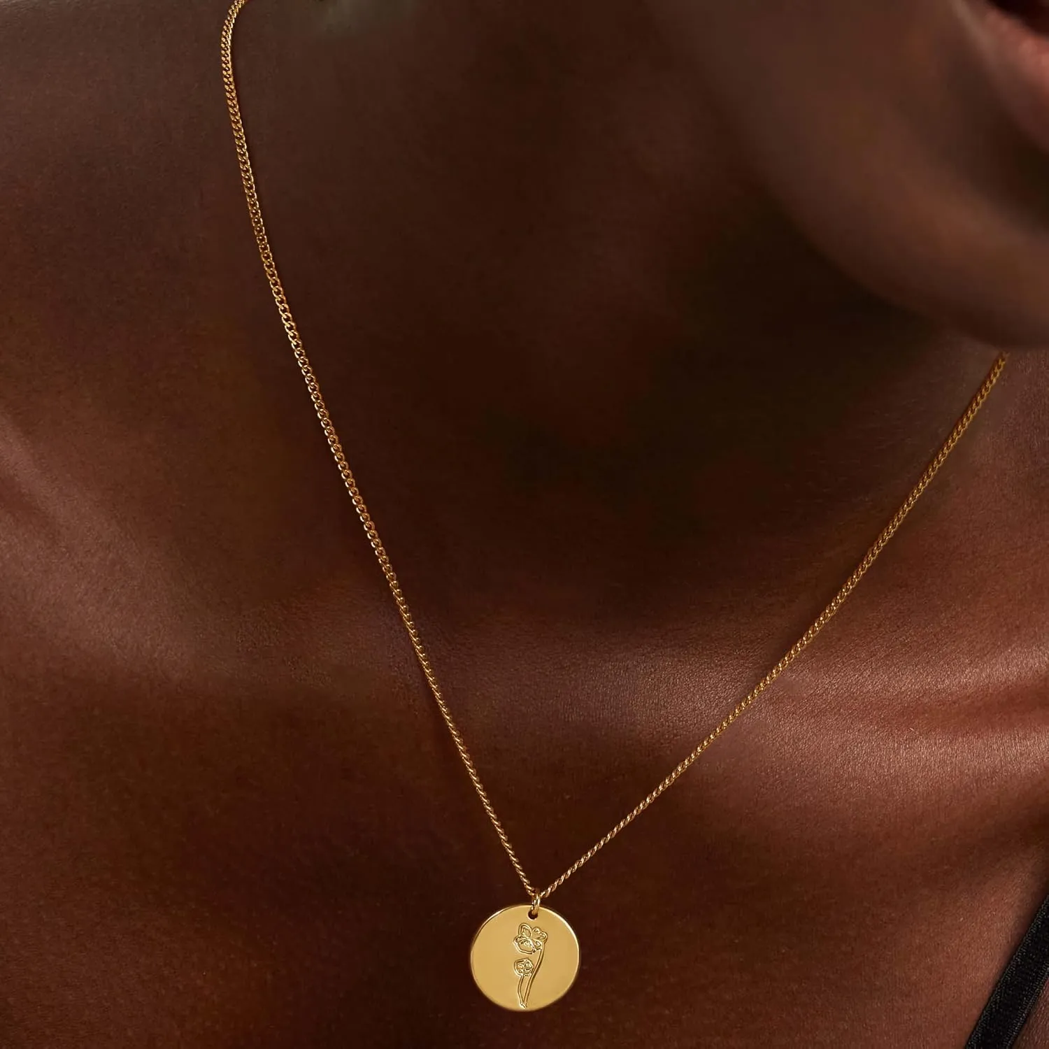 Birth Flower Necklace 18K Gold Plated Necklaces for Women Disc Cuban Birthday Gold Jewelry Gifts for Women 12 Month