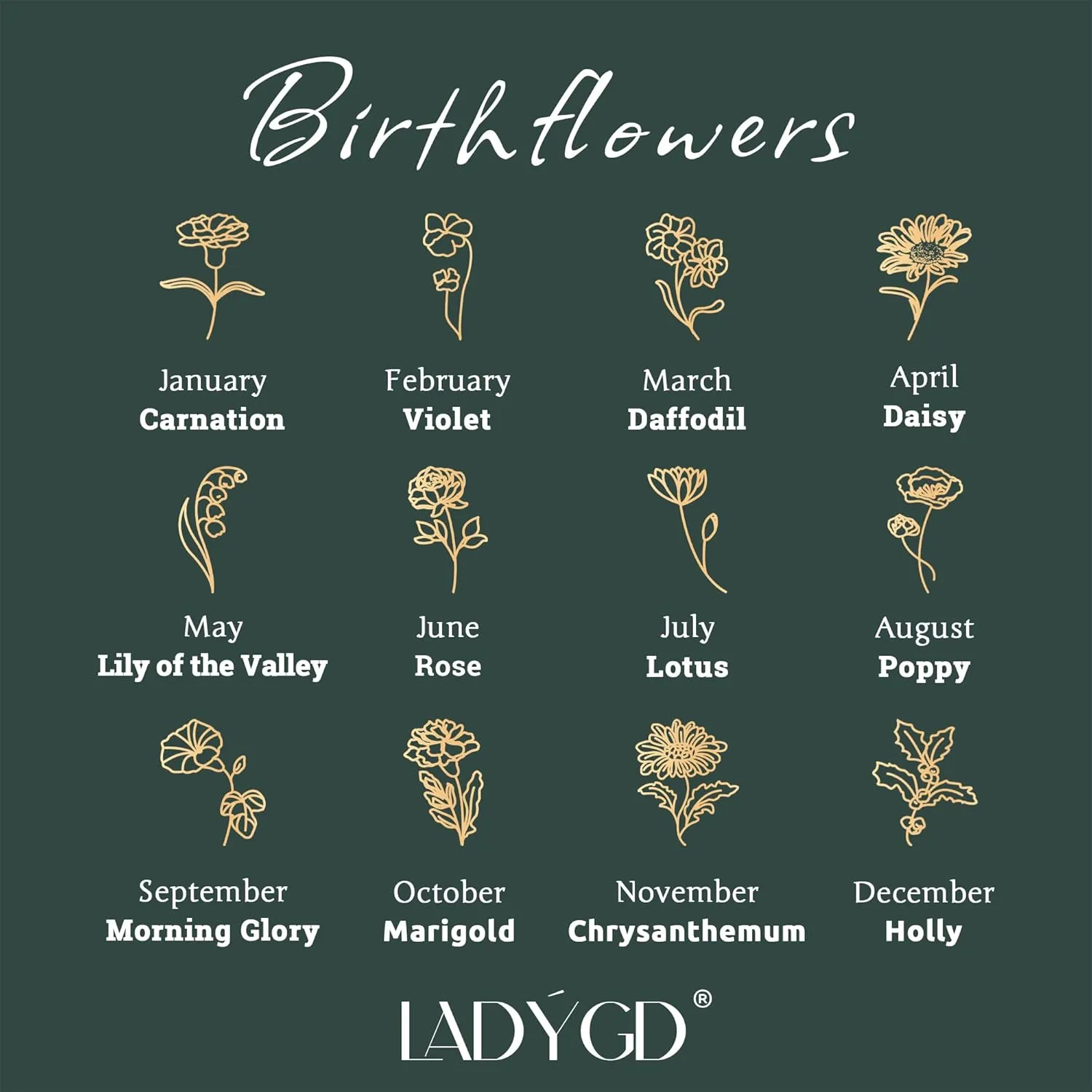 Birth Flower Necklace 18K Gold Plated Necklaces for Women Disc Cuban Birthday Gold Jewelry Gifts for Women 12 Month