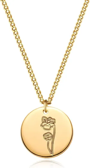 Birth Flower Necklace 18K Gold Plated Necklaces for Women Disc Cuban Birthday Gold Jewelry Gifts for Women 12 Month