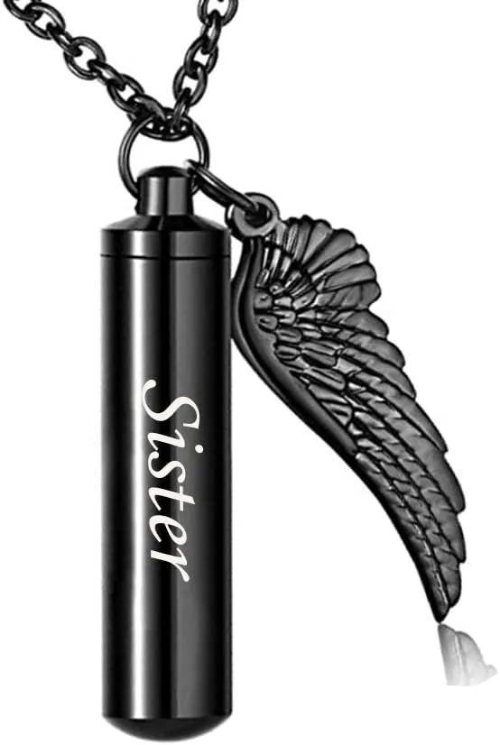 Black Bullet Urn Necklaces for Ashes Angel Wing Charm Cremation Jewelry Stainless Steel Keepsake Memorial Pendant