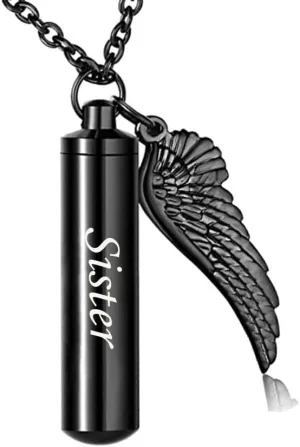 Black Bullet Urn Necklaces for Ashes Angel Wing Charm Cremation Jewelry Stainless Steel Keepsake Memorial Pendant