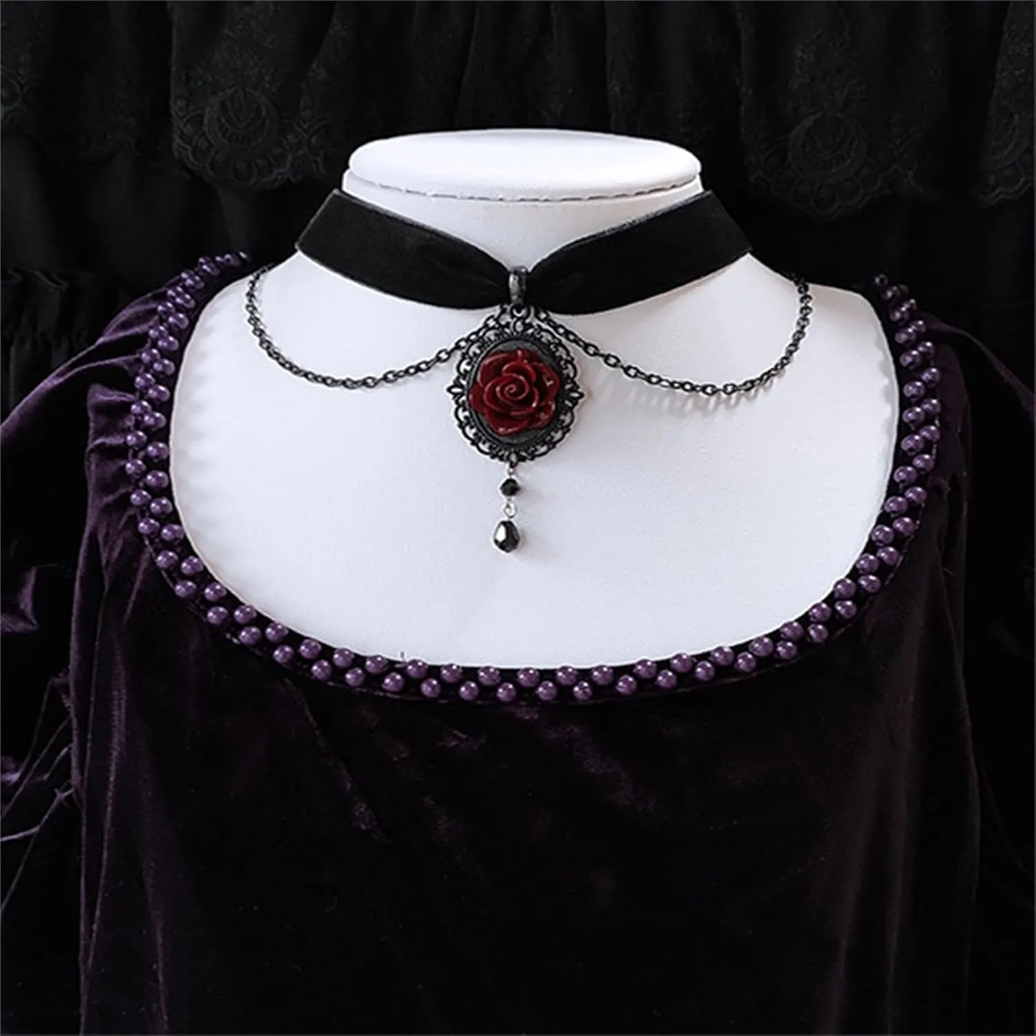 Black Rose Cameo Pendent Choker,Gothic Velvet Choker Necklace Vintage Resin Red Crystal Gem Pendent Necklaces Witch Jewelry for Women