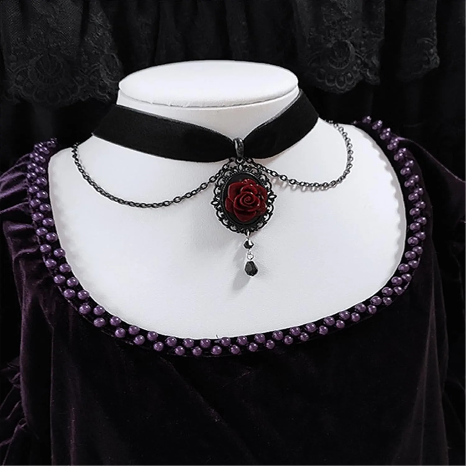 Black Rose Cameo Pendent Choker,Gothic Velvet Choker Necklace Vintage Resin Red Crystal Gem Pendent Necklaces Witch Jewelry for Women