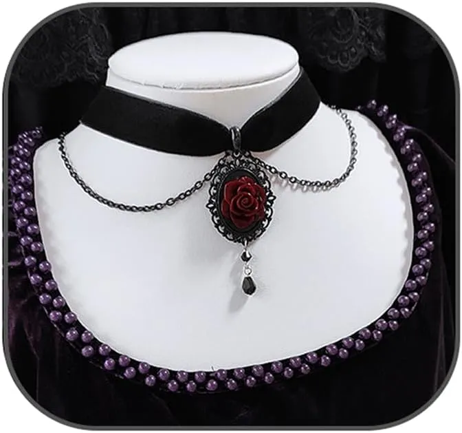 Black Rose Cameo Pendent Choker,Gothic Velvet Choker Necklace Vintage Resin Red Crystal Gem Pendent Necklaces Witch Jewelry for Women