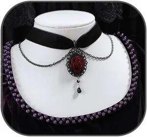 Black Rose Cameo Pendent Choker,Gothic Velvet Choker Necklace Vintage Resin Red Crystal Gem Pendent Necklaces Witch Jewelry for Women