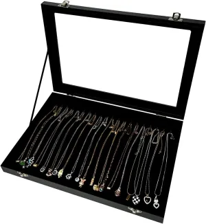 Black Velvet 20 Hooks Necklace Organizer Box with Clear Lid Necklaces Holder Storage Display Tray for Drawer Organization for Women Girls
