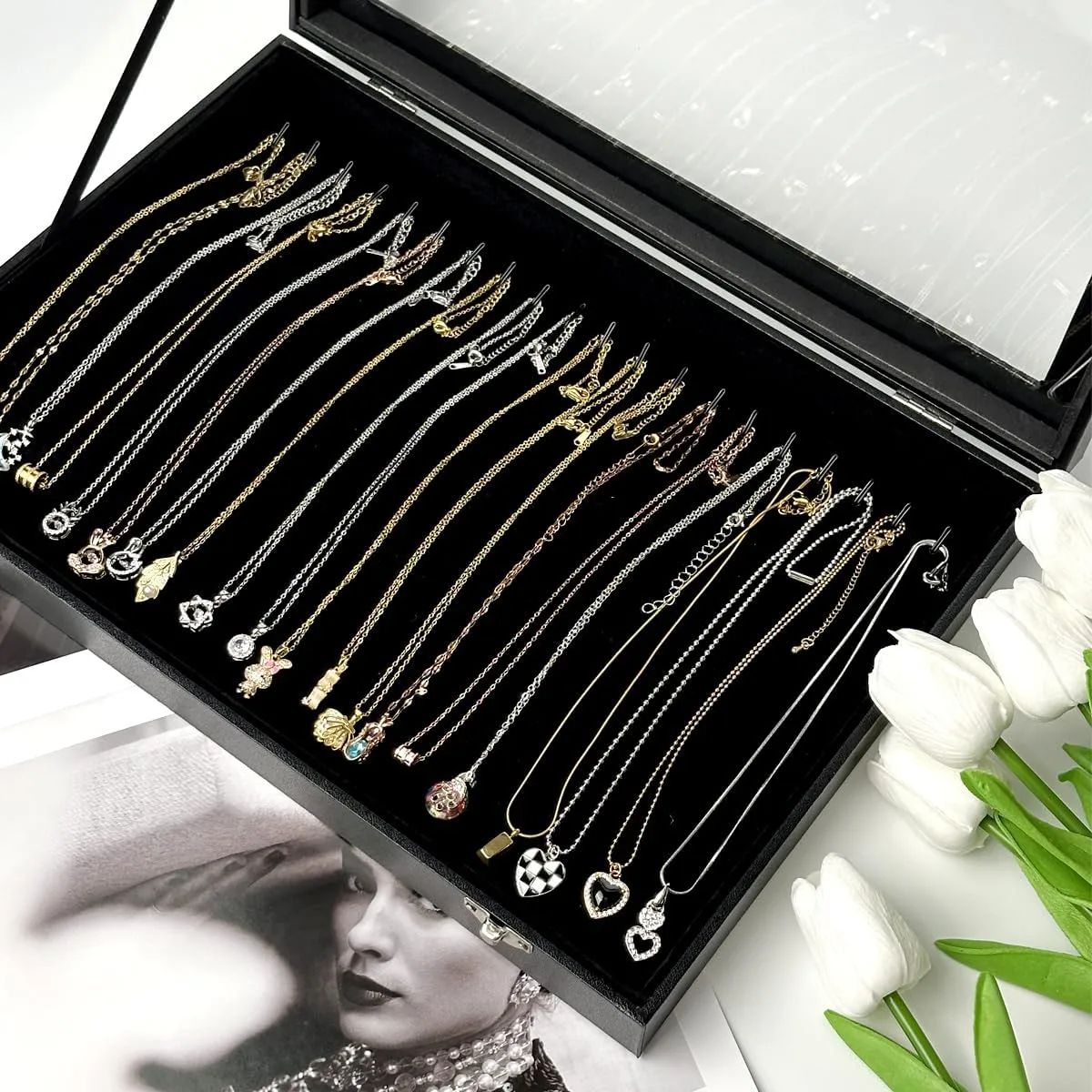 Black Velvet 20 Hooks Necklace Organizer Box with Clear Lid Necklaces Holder Storage Display Tray for Drawer Organization for Women Girls