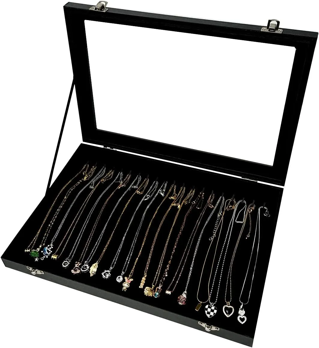 Black Velvet 20 Hooks Necklace Organizer Box with Clear Lid Necklaces Holder Storage Display Tray for Drawer Organization for Women Girls
