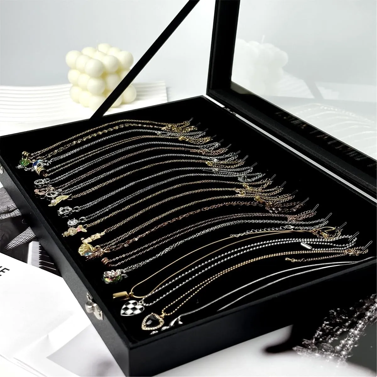 Black Velvet 20 Hooks Necklace Organizer Box with Clear Lid Necklaces Holder Storage Display Tray for Drawer Organization for Women Girls