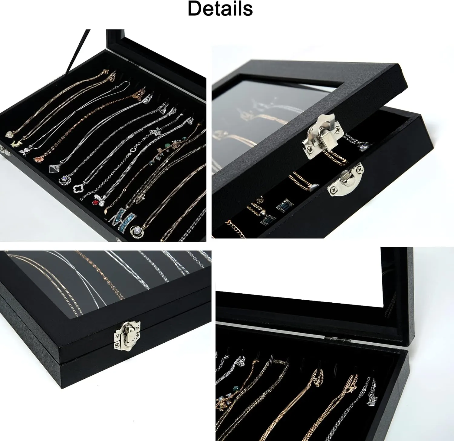 Black Velvet 20 Hooks Necklace Organizer Box with Clear Lid Necklaces Holder Storage Display Tray for Drawer Organization for Women Girls