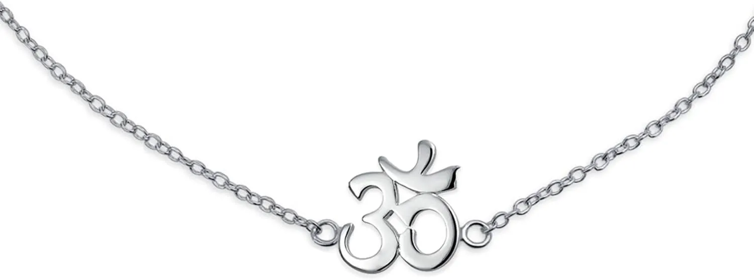 Bling Jewelry Aum Om Ohm Symbol 3 Multi CZ Peace Sign Anklet Charm Anklet Link Ankle Bracelet For Women .925 Sterling Silver Adjustable 9 To 10 Inch
