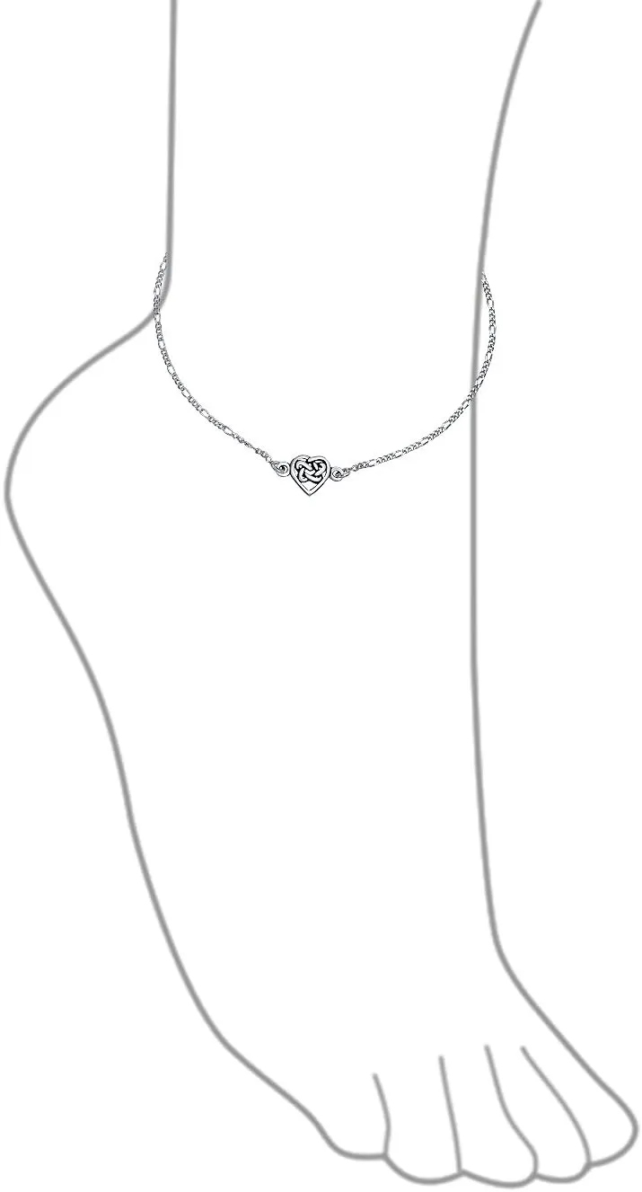 Bling Jewelry Celtic Triquetra Love Knot Claddagh Heart Anklet Figaro Chain Ankle Bracelet For Women Oxidized .925 Sterling Silver Adjustable