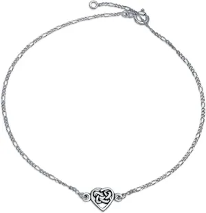 Bling Jewelry Celtic Triquetra Love Knot Claddagh Heart Anklet Figaro Chain Ankle Bracelet For Women Oxidized .925 Sterling Silver Adjustable