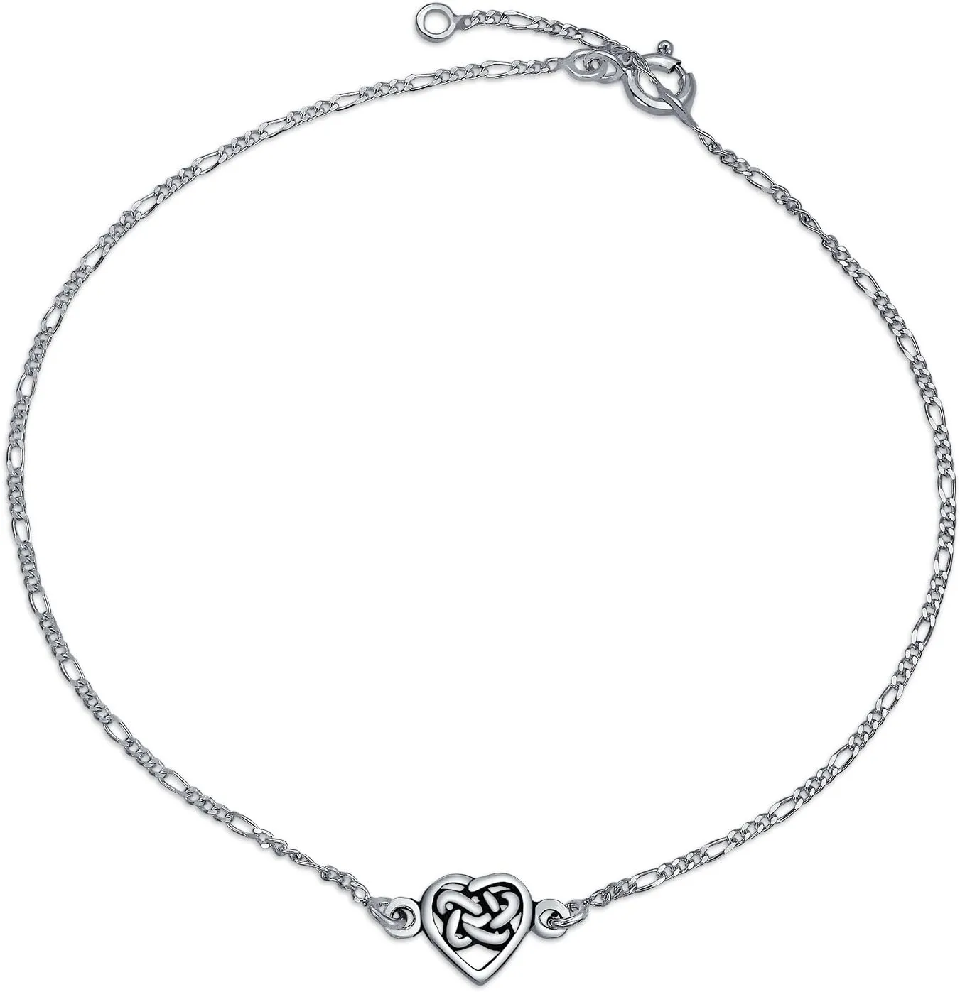 Bling Jewelry Celtic Triquetra Love Knot Claddagh Heart Anklet Figaro Chain Ankle Bracelet For Women Oxidized .925 Sterling Silver Adjustable