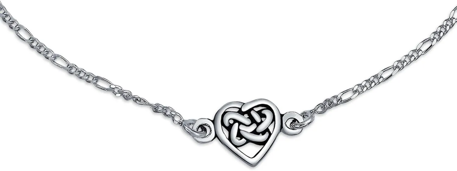 Bling Jewelry Celtic Triquetra Love Knot Claddagh Heart Anklet Figaro Chain Ankle Bracelet For Women Oxidized .925 Sterling Silver Adjustable