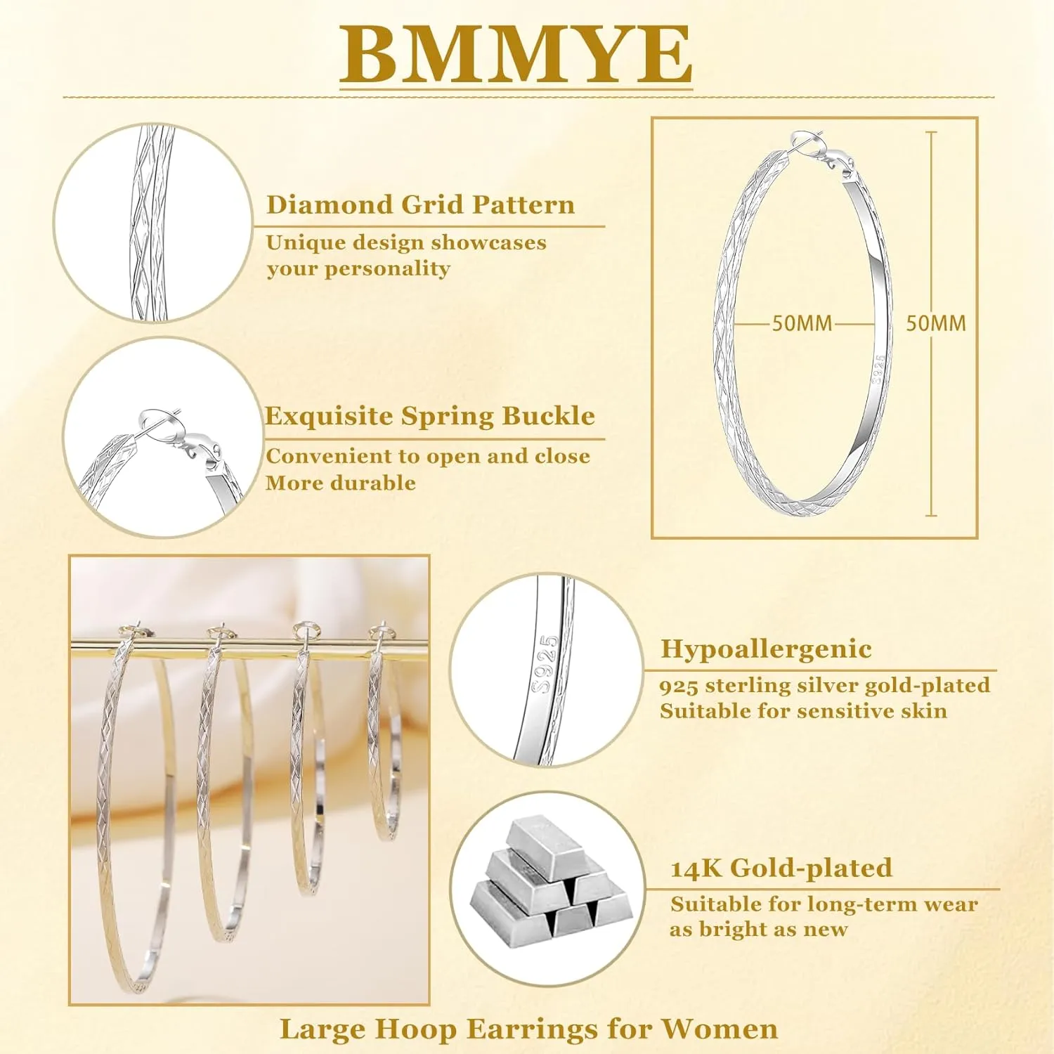 BMMYE Gold Hoop Earrings for Women Lightweight 14K Gold Plated Earrings Hypoallergenic Earrings Big Hoop Earrings for Women 40/50/60/70MM