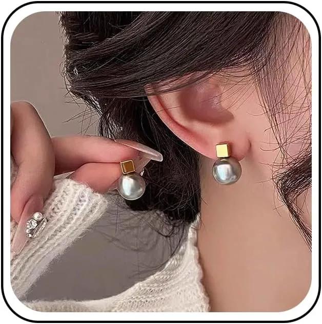 Bohemian Pearl Cube Stud Earrings Gold Cube Stud Earrings Round White Pearl Earrings Minimalist White Pearl Earrings Jewelry for Women(White)