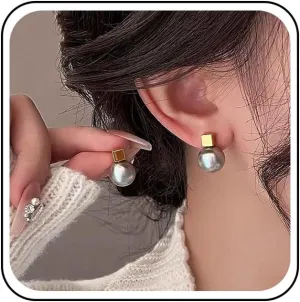 Bohemian Pearl Cube Stud Earrings Gold Cube Stud Earrings Round White Pearl Earrings Minimalist White Pearl Earrings Jewelry for Women(White)