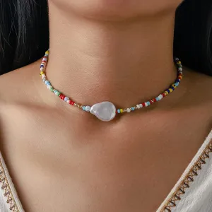 Boho Colorful Seed Bead Choker Necklace Gold Pearl Necklaces Short Handmade Adjustable Chain Summer Beach Accessory for Women and Girls