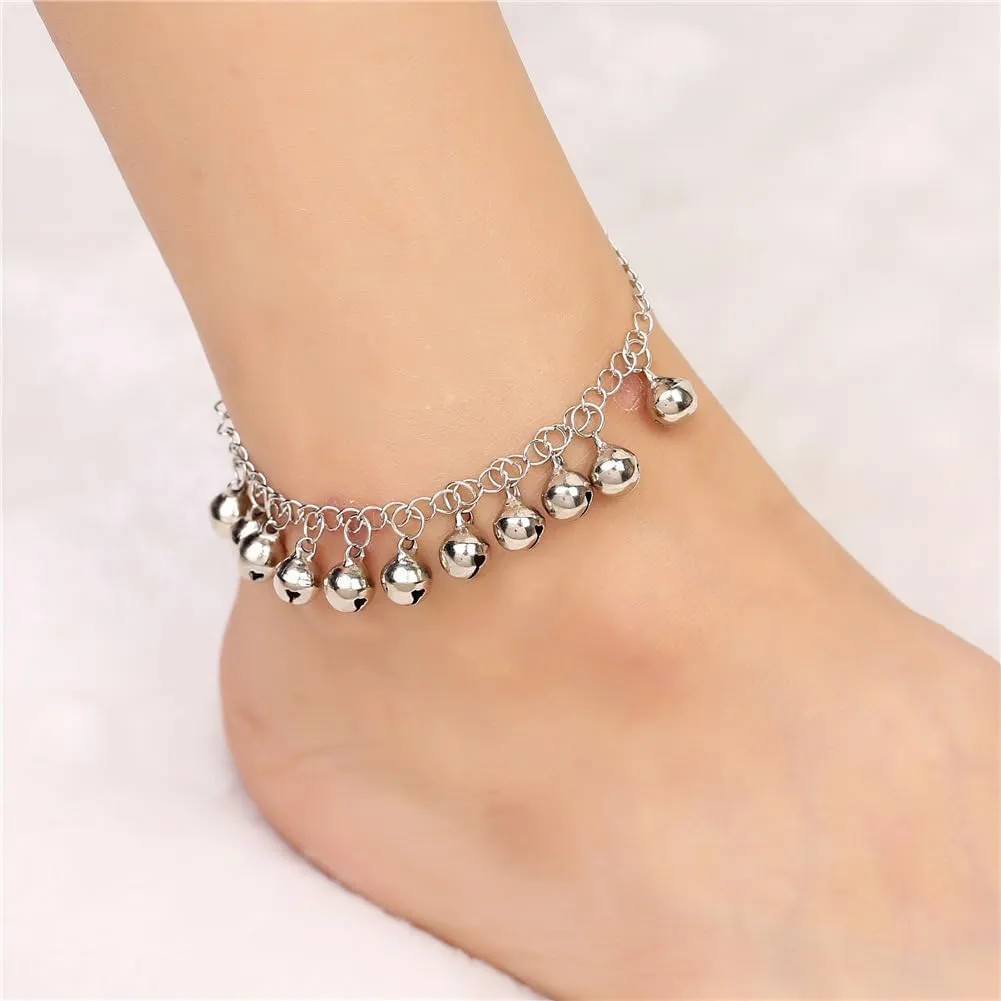 Boho Jingling Bell Tassel Anklet Bracelet for Women Vintage Silver Sounds Bells Beaded Adjustable Jingle Charm Ankle Foot Chain Indian Gypsy Barefoot Sandals Goth Hippie Anklets Feet Summer Beach Belly Dance Jewelry