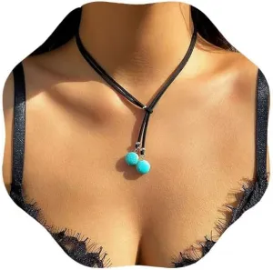 Boho Layered Necklace Black Long Choker Necklace Turquoise Lariat Necklace Turquoise Leather Necklaces Jewelry for Women