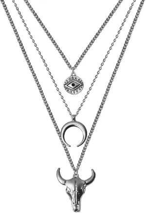 Boho Layered Necklace Women's Vintage Cowboy Cowgirls Western Necklaces Evil Eye Bull Head Multi-Layer Necklace Fashion Pendant Necklace Jewelry (Silver)