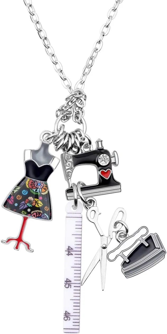 BONSNY Statement Enamel Rhinestone Chain Sewing Machine Necklaces Pendant Original Design for Women Jewelry (Turquoise)