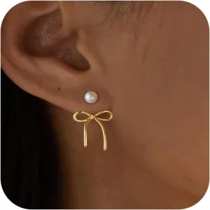 Bow Earrings for Women, 14K Gold Plated Gold Hoop Earrings Trendy Dainty Bow Pearl Earrings Gold Jewelry Hoop Earring for Women Gifts