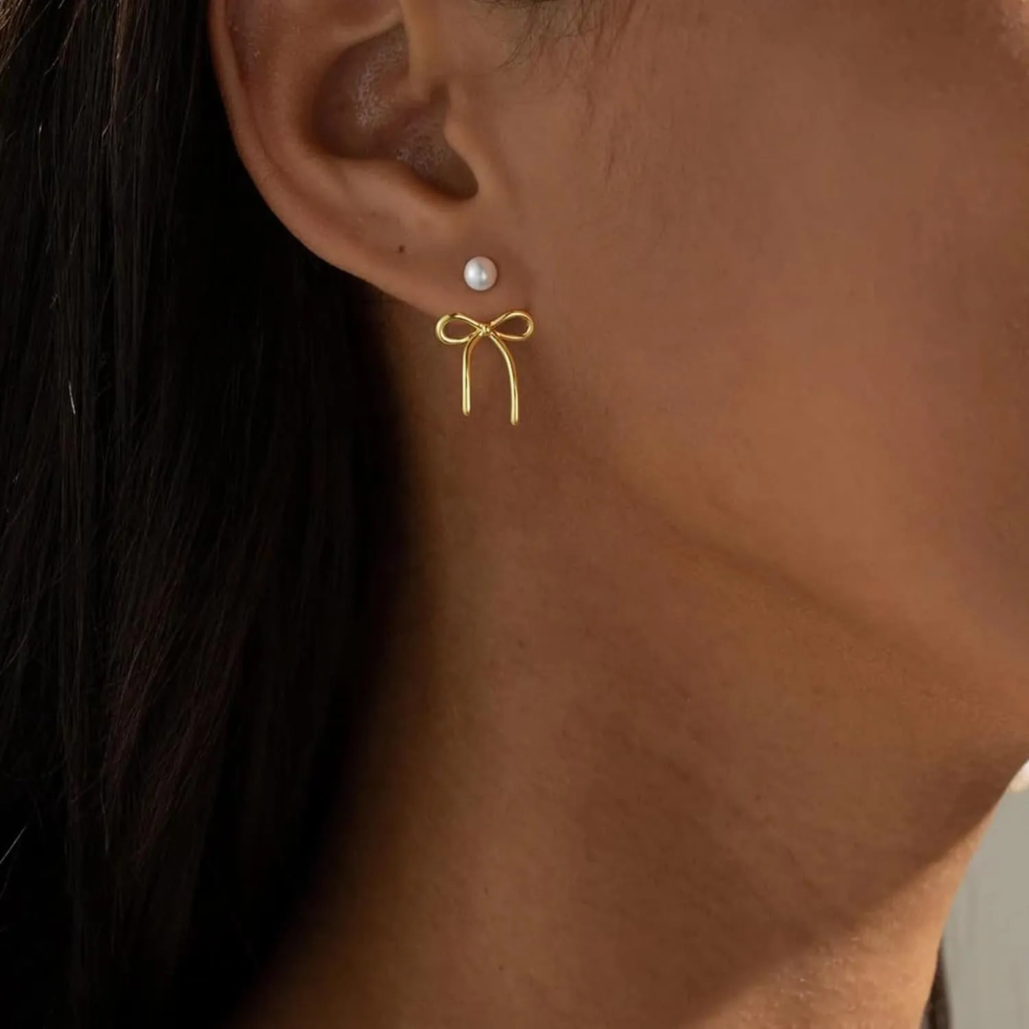 Bow Earrings for Women, 14K Gold Plated Gold Hoop Earrings Trendy Dainty Bow Pearl Earrings Gold Jewelry Hoop Earring for Women Gifts