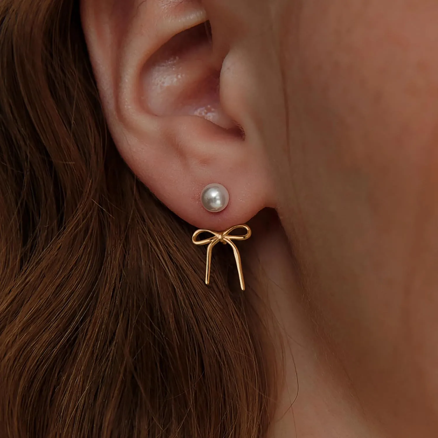 Bow Earrings for Women, 14K Gold Plated Gold Hoop Earrings Trendy Dainty Bow Pearl Earrings Gold Jewelry Hoop Earring for Women Gifts