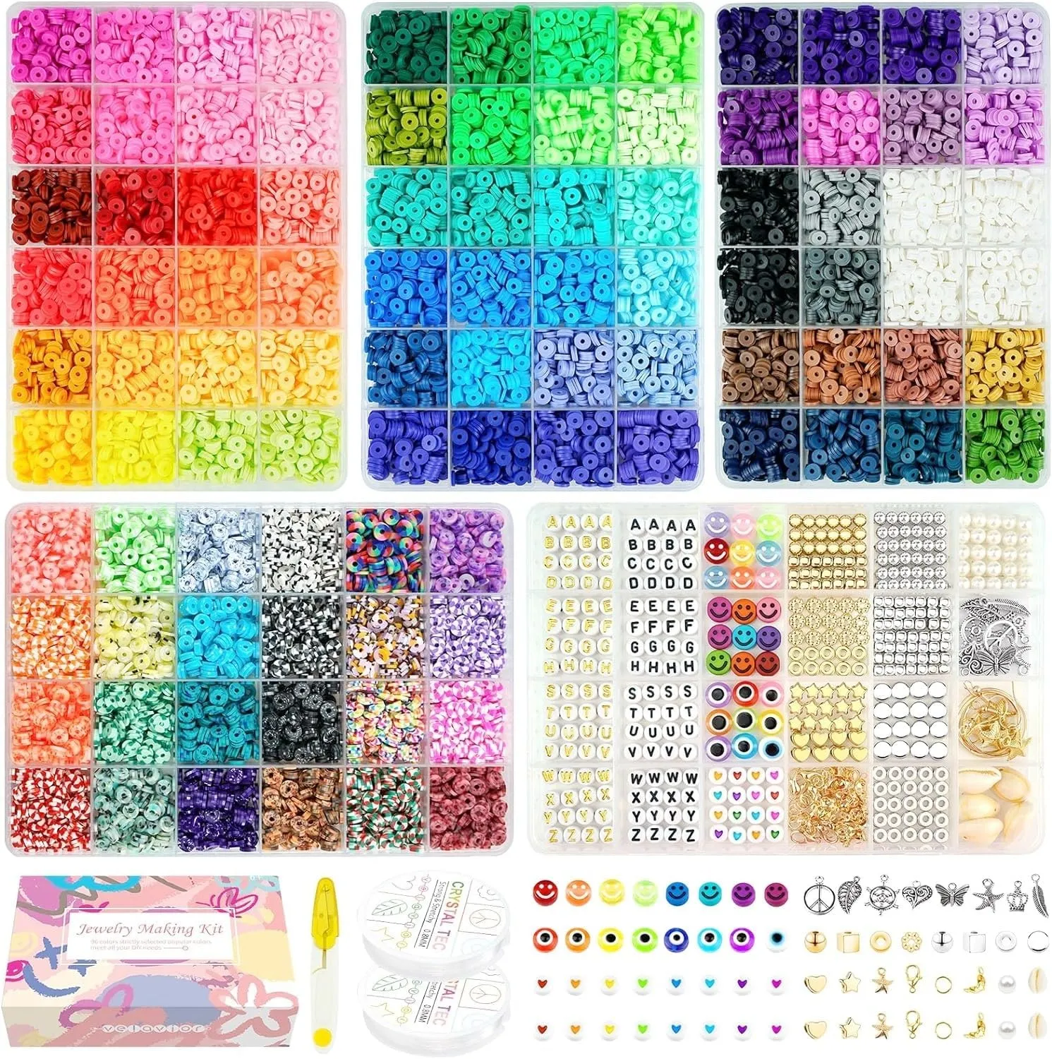 Bracelet Making Kit Clay Beads, 16000pcs 96 Colors Polymer Heishi Beads Bulk Set with Letter Friendship Bracelet Beads Charms Elastic Strings for Girls DIY Arts and Crafts Kids Jewelry Making Gifts