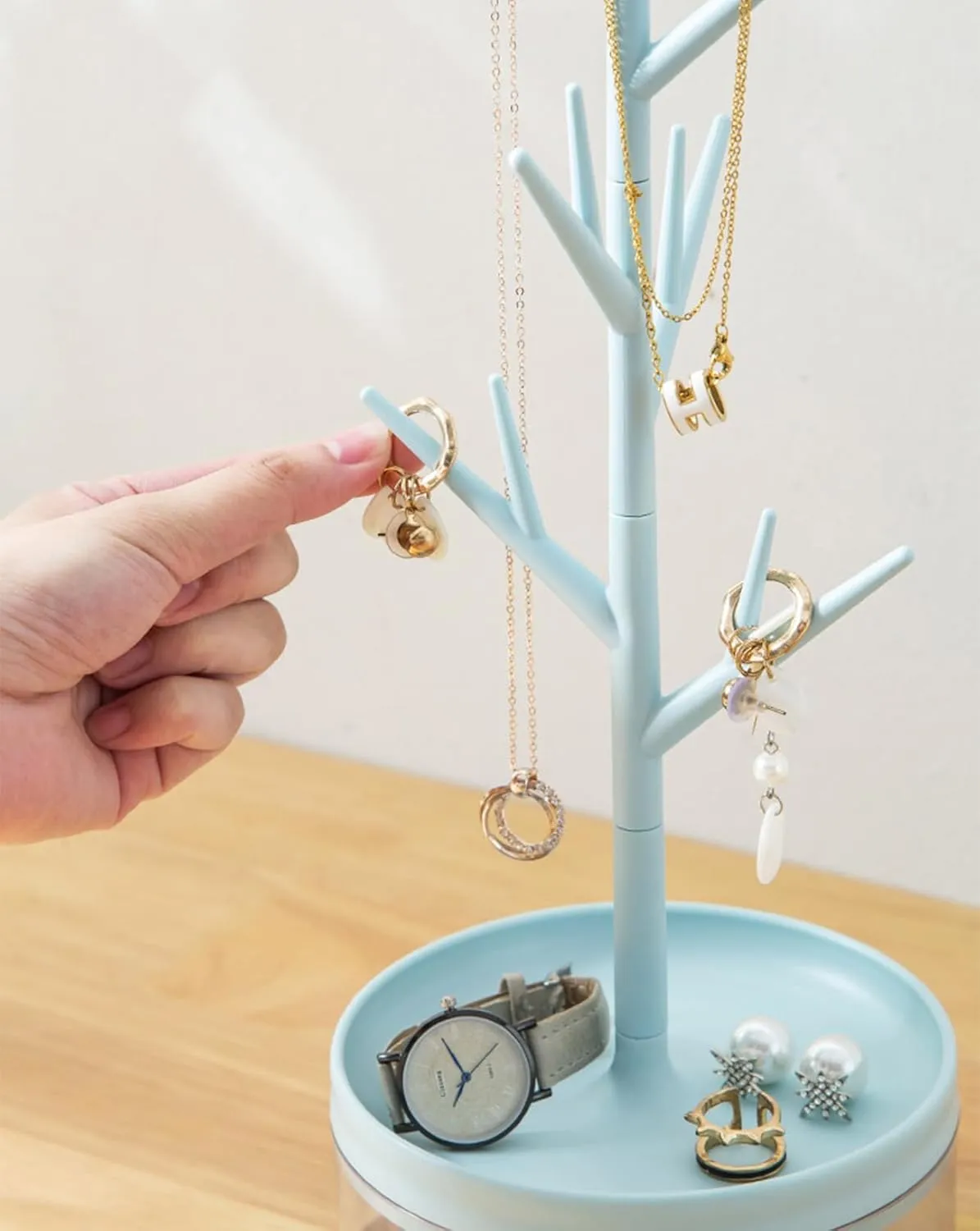 Branch Jewelry Rack Rotatable Base and Storage Box, Jewelry Display Rack Holder, Tree Tower Rack Hanging Organizer for Necklace Bracelet Ring Earrings (Blue)