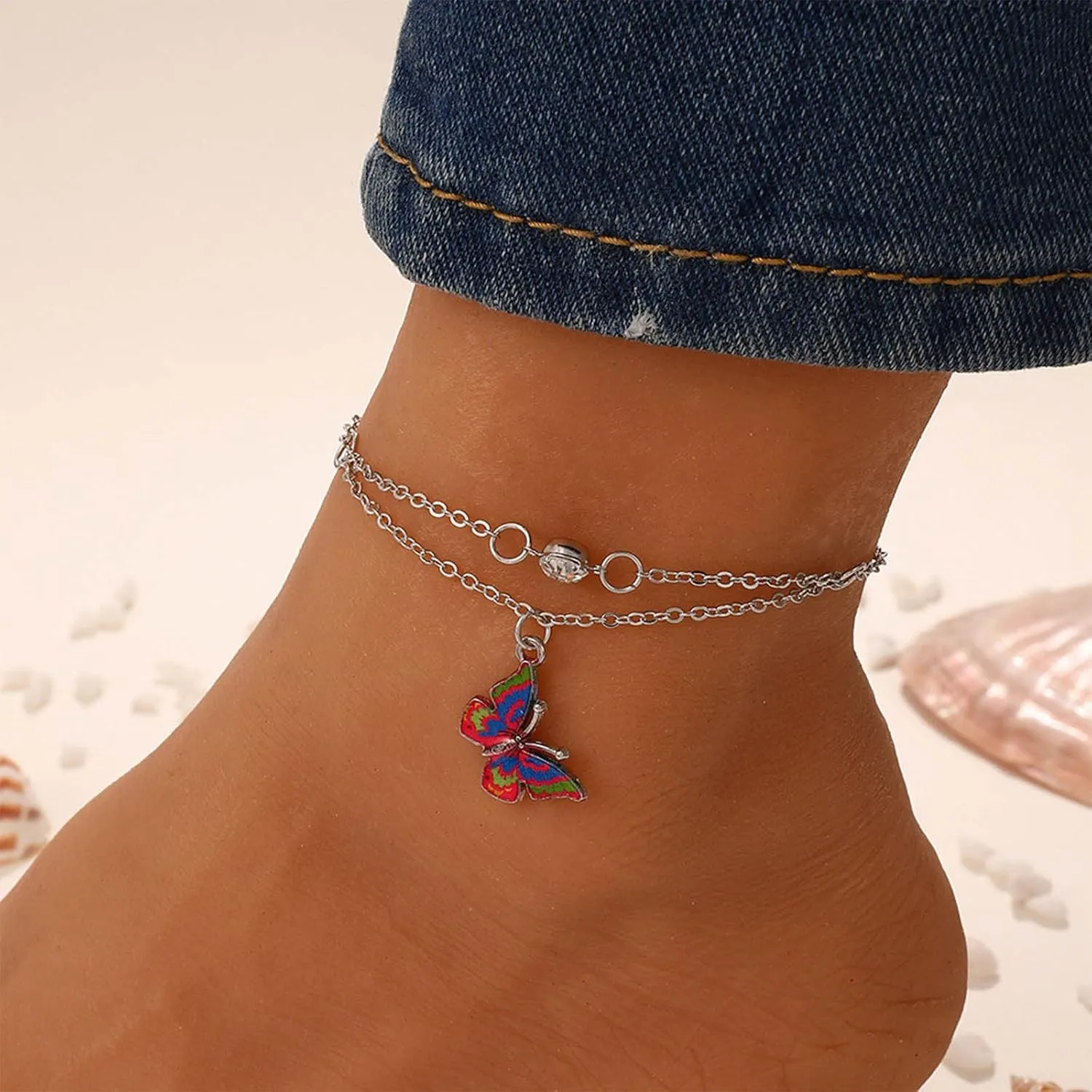 Butterfly Anklet Bracelet Boho Silver Layered Colorful Butterfly Pendant Ankle Chain Single Tiny Square Crystal Butterfly Hawaiian Beach Butterfly Pendant Foot Chain for Women and Girls