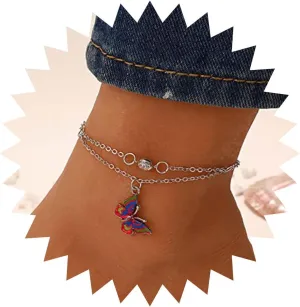Butterfly Anklet Bracelet Boho Silver Layered Colorful Butterfly Pendant Ankle Chain Single Tiny Square Crystal Butterfly Hawaiian Beach Butterfly Pendant Foot Chain for Women and Girls