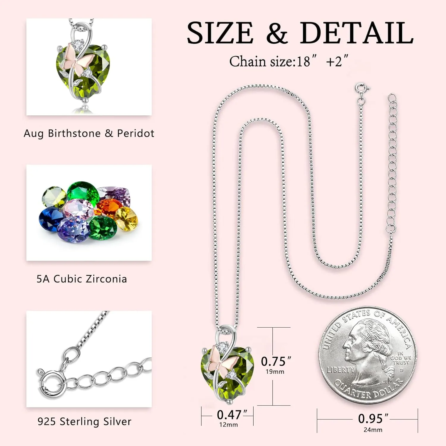 Butterfly Heart Necklaces for Women, 925 Sterling Silver 5A Cubic Zirconia Birthstone Pendant Jewelry Gifts, Anniversary Birthday Christmas Gifts for her