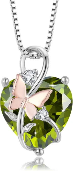 Butterfly Heart Necklaces for Women, 925 Sterling Silver 5A Cubic Zirconia Birthstone Pendant Jewelry Gifts, Anniversary Birthday Christmas Gifts for her
