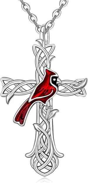Cardinal Cross Necklace Cardinal Necklaces for Women Sterling Silver Red Bird Memorial Sympathy Pendant Celtic Cross Necklace Jewelry Gifts