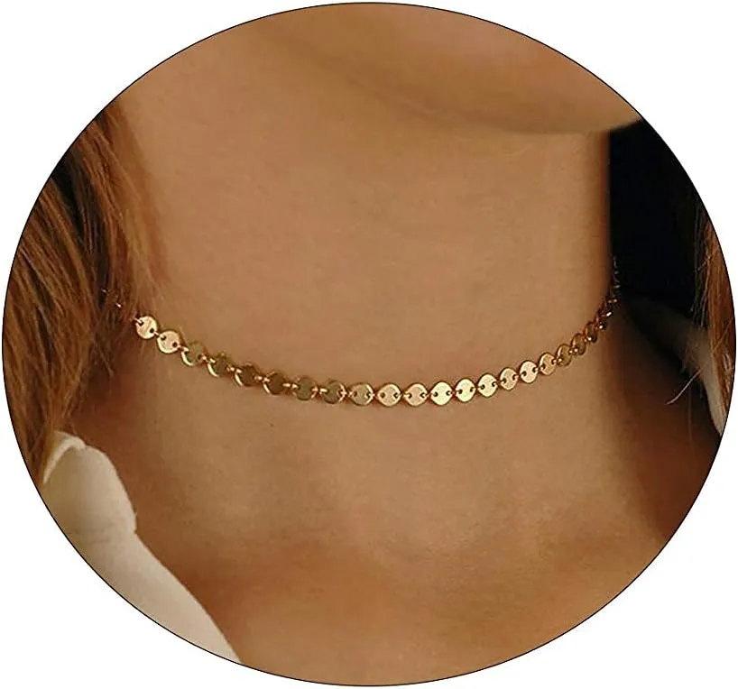 CAROVO Dainty Gold Chain Choker Necklace for Women 18K Gold Plated Minimalist Figaro Beaded Lace Satellite Coin Chain Necklace Delicate Choker Jewelry Gifts for Women