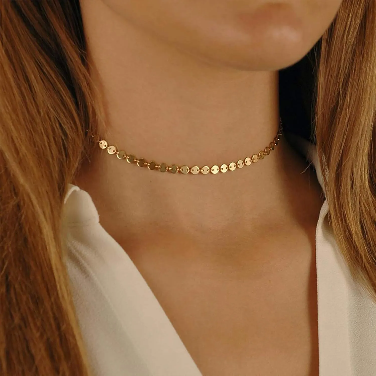 CAROVO Dainty Gold Chain Choker Necklace for Women 18K Gold Plated Minimalist Figaro Beaded Lace Satellite Coin Chain Necklace Delicate Choker Jewelry Gifts for Women