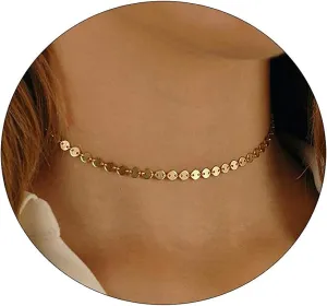 CAROVO Dainty Gold Chain Choker Necklace for Women 18K Gold Plated Minimalist Figaro Beaded Lace Satellite Coin Chain Necklace Delicate Choker Jewelry Gifts for Women