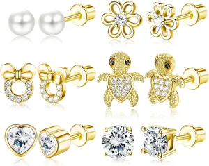 CASSIECA 20G Hypoallergenic Screwback Earrings for Teens Women Stainless Steel CZ Heart Flower Turtle Stud Earrings Jewelry Gift