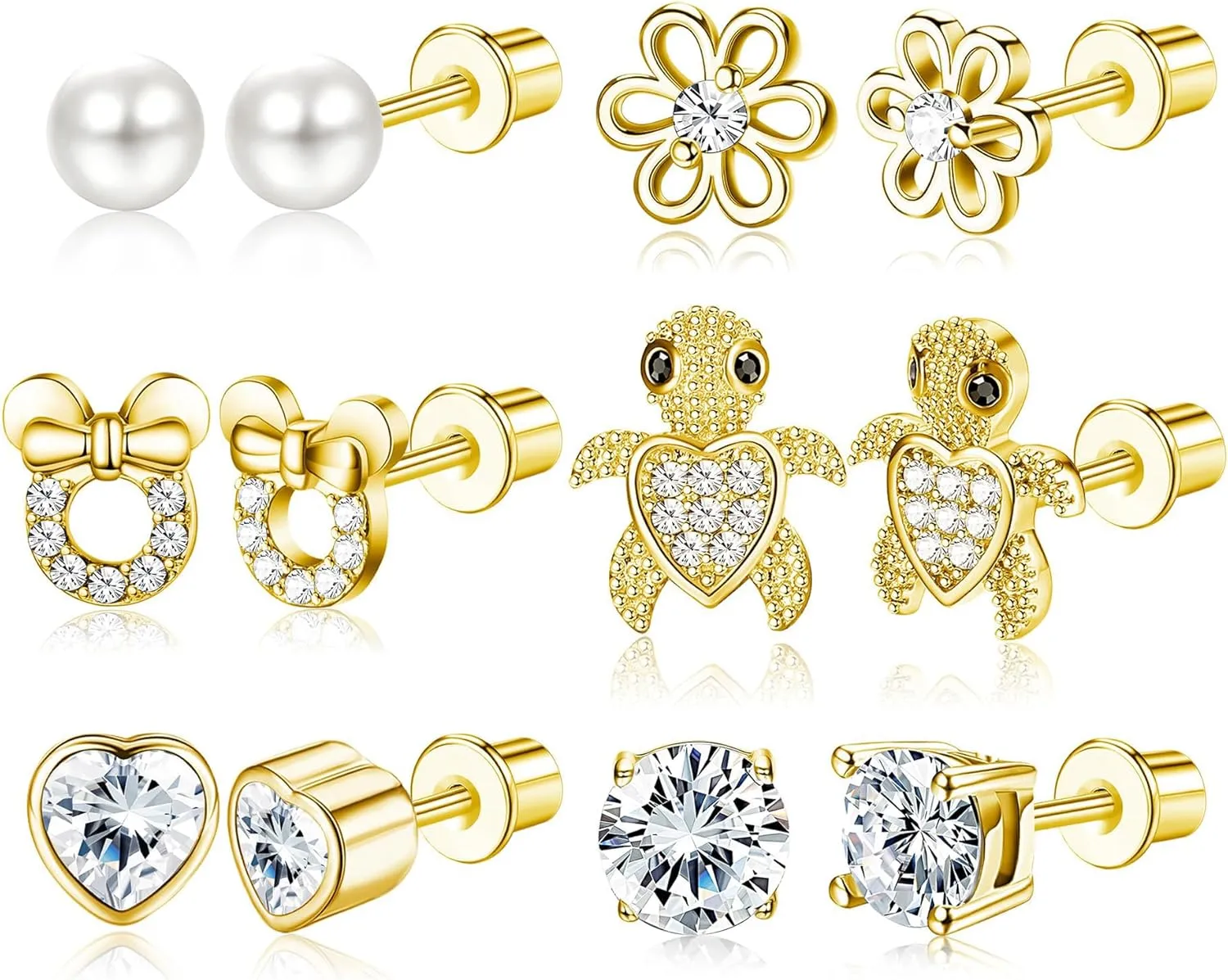 CASSIECA 20G Hypoallergenic Screwback Earrings for Teens Women Stainless Steel CZ Heart Flower Turtle Stud Earrings Jewelry Gift