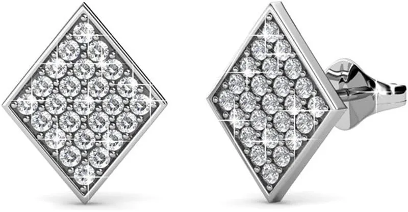 Cate & Chloe Lennon Esteemed White Gold Stud Pave Stone Earrings, 18k Gold Plated Studs with Crystals, Stud Earring Set w/Pave Diamond Shape Round Cut Crystals, Wedding Jewelry