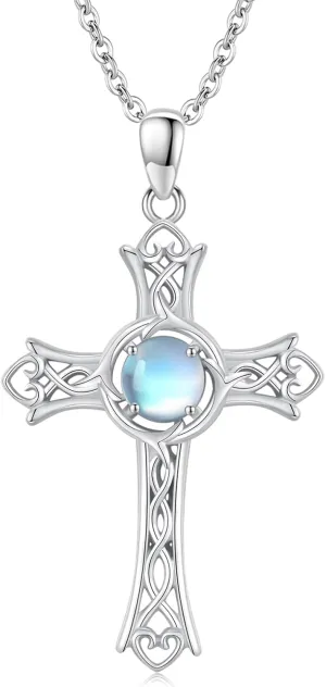 Celtic Cross Necklace 925 Sterling Silver Cross Pendant With Moonstone Celtic Irish Jewelry Religious Protective Gift For Women