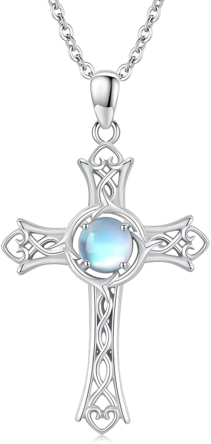 Celtic Cross Necklace 925 Sterling Silver Cross Pendant With Moonstone Celtic Irish Jewelry Religious Protective Gift For Women