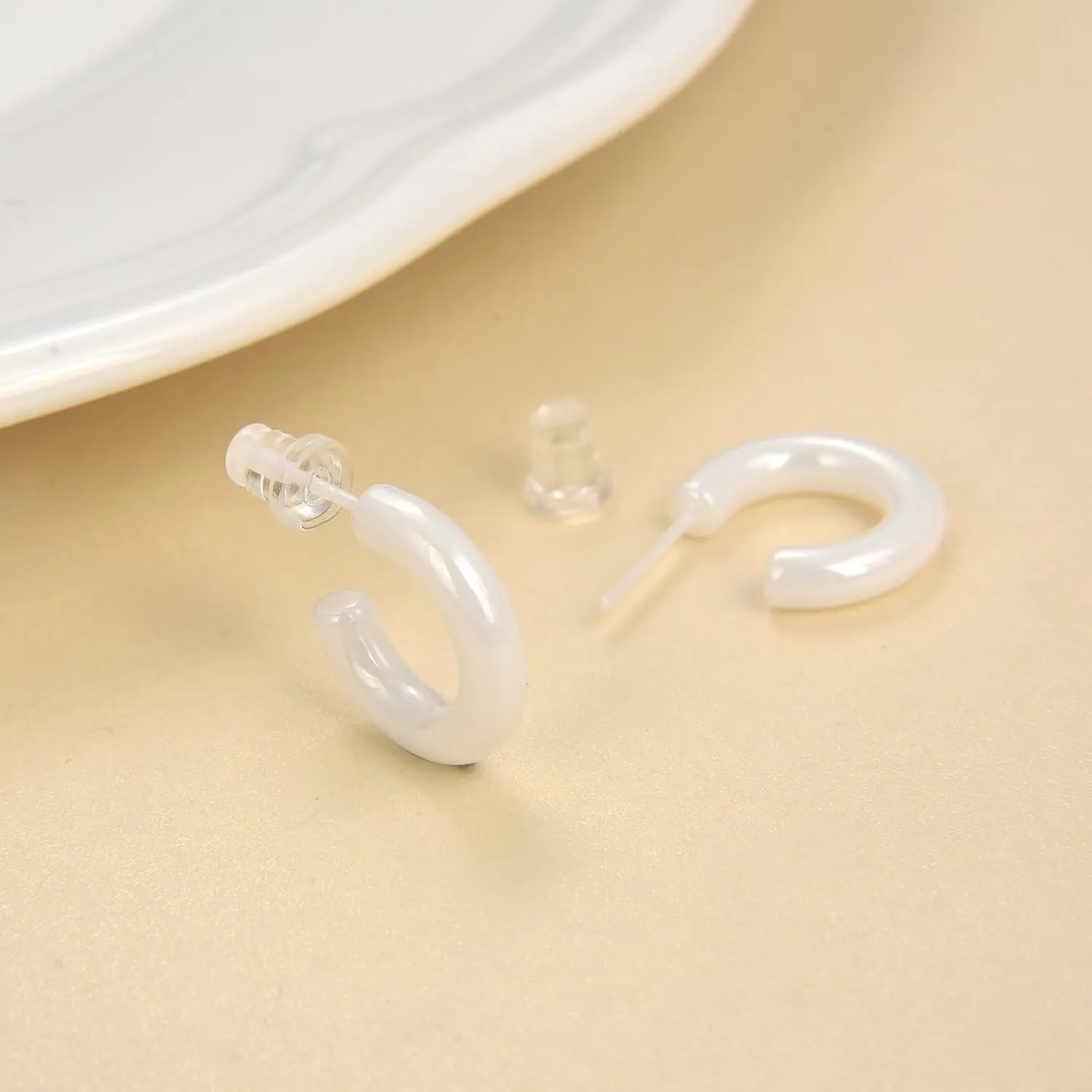 Ceramic Stud Half Hoop Earrings for Sensitive Ears, Porcelain Earrings for Newly Pierced Ears Women