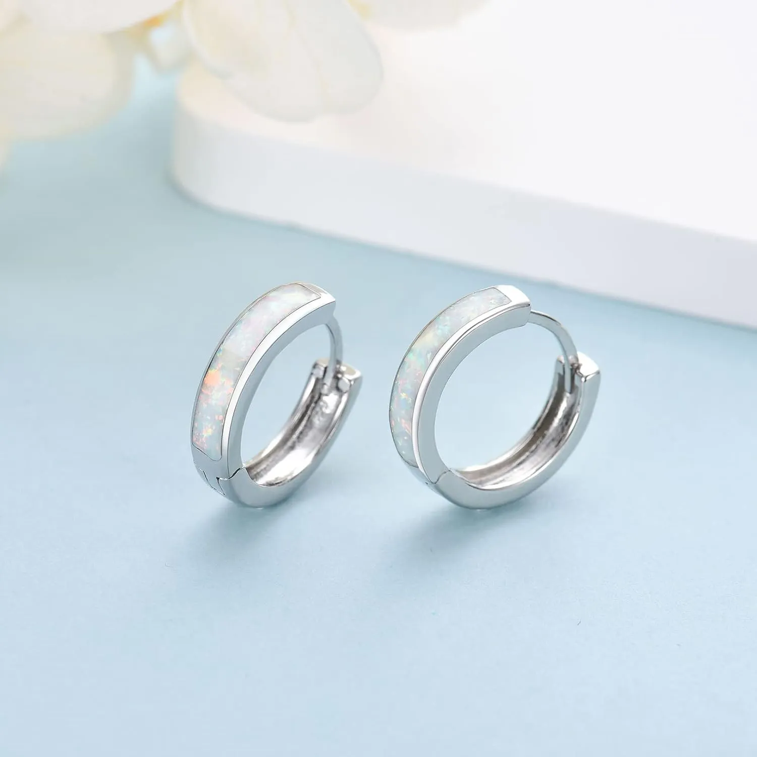 CERSLIMO Opal Hoop Earrings for Women | Small S925 Sterling Silver Post Lab-created Fire Opal Huggie Earrings Hypoallergenic Jewelry Gifts